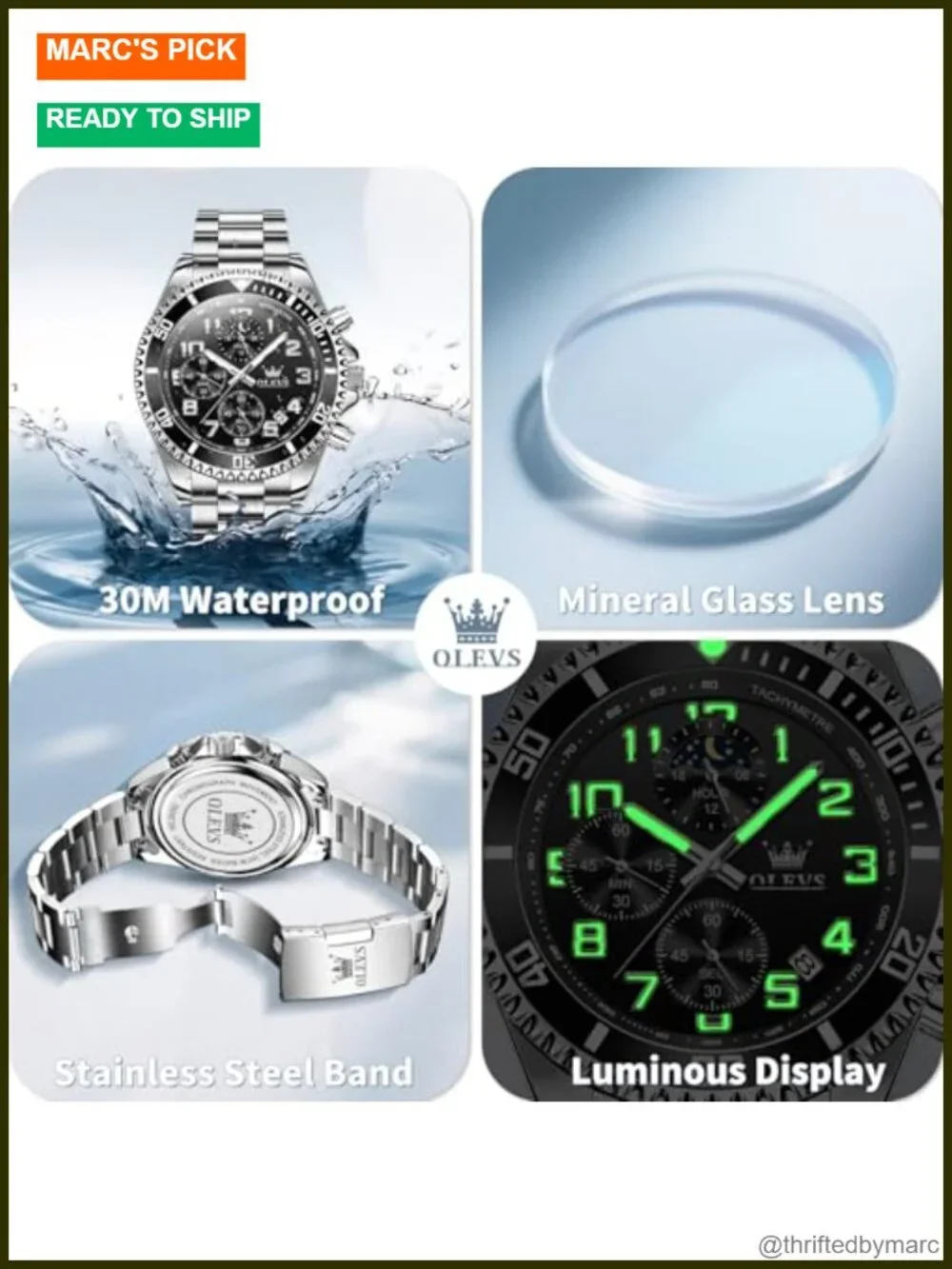 Stainless Steel Dress Watch with Date Big Face Chronograph Waterproof 43mm
